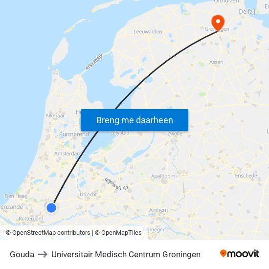 Gouda to Universitair Medisch Centrum Groningen map