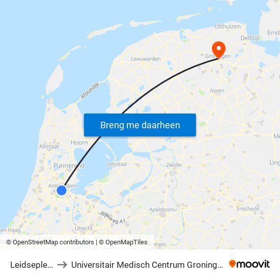 Leidseplein to Universitair Medisch Centrum Groningen map