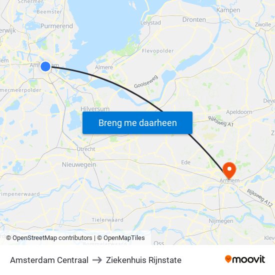 Amsterdam Centraal to Ziekenhuis Rijnstate map