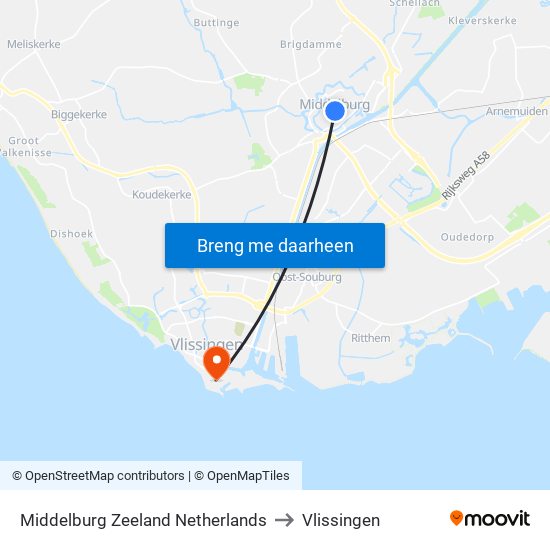 Middelburg Zeeland Netherlands to Vlissingen map
