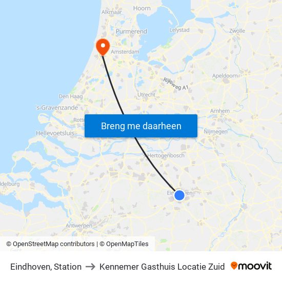 Eindhoven, Station to Kennemer Gasthuis Locatie Zuid map