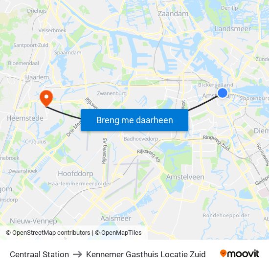 Centraal Station to Kennemer Gasthuis Locatie Zuid map