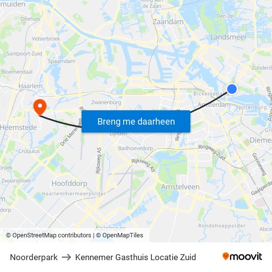 Noorderpark to Kennemer Gasthuis Locatie Zuid map