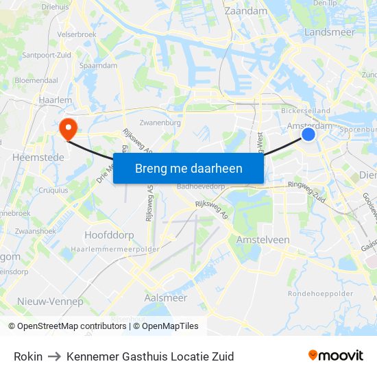 Rokin to Kennemer Gasthuis Locatie Zuid map