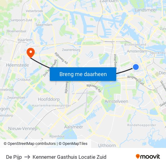 De Pijp to Kennemer Gasthuis Locatie Zuid map