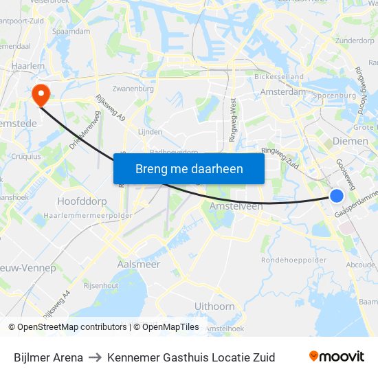 Bijlmer Arena to Kennemer Gasthuis Locatie Zuid map