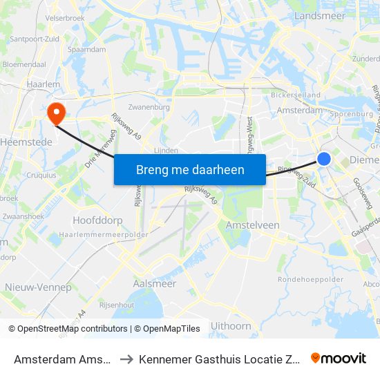 Amsterdam Amstel to Kennemer Gasthuis Locatie Zuid map