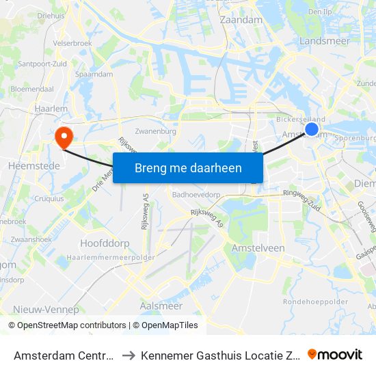 Amsterdam Centraal to Kennemer Gasthuis Locatie Zuid map