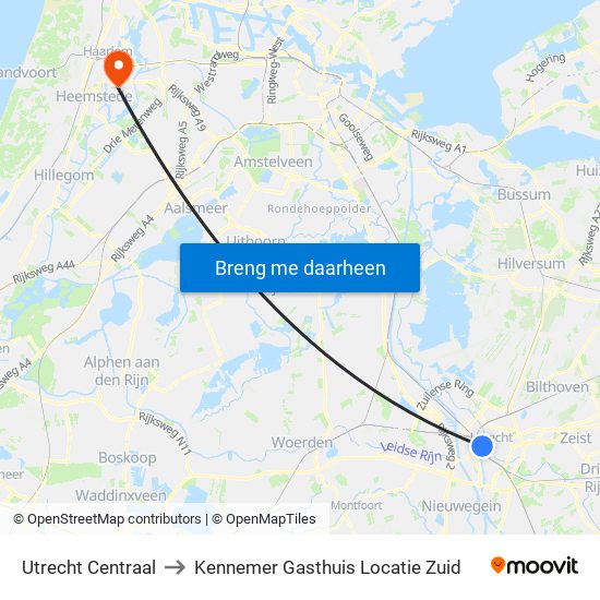 Utrecht Centraal to Kennemer Gasthuis Locatie Zuid map