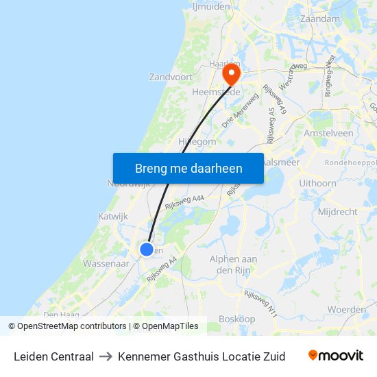 Leiden Centraal to Kennemer Gasthuis Locatie Zuid map