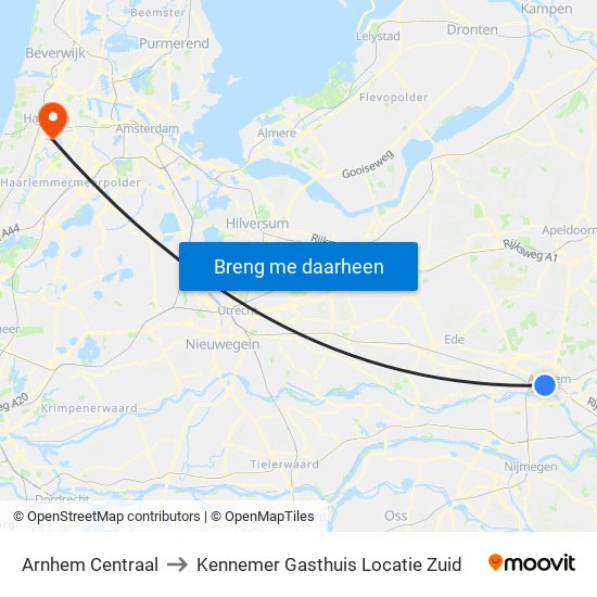 Arnhem Centraal to Kennemer Gasthuis Locatie Zuid map