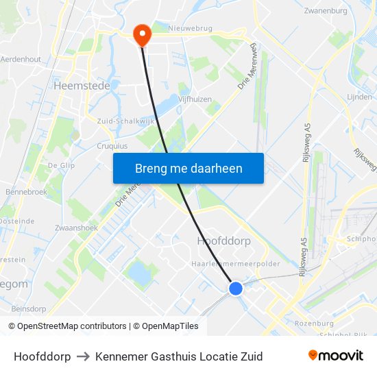Hoofddorp to Kennemer Gasthuis Locatie Zuid map