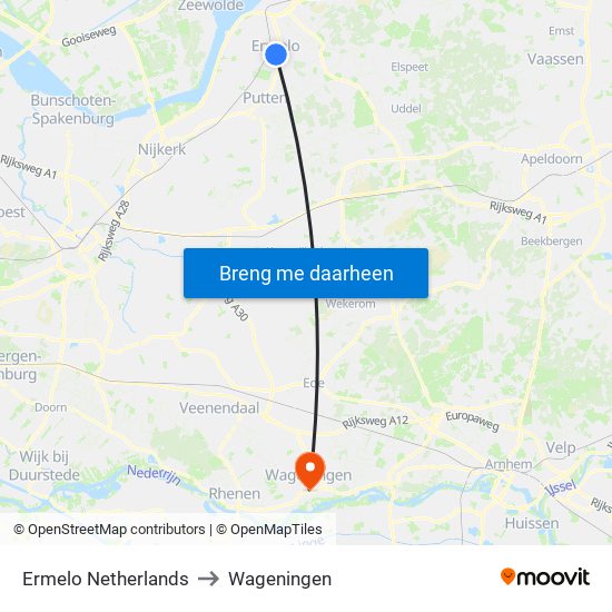 Ermelo Netherlands to Wageningen map