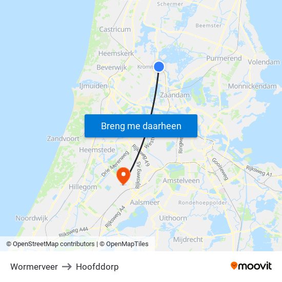 Wormerveer to Hoofddorp map