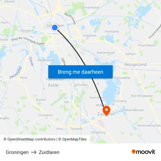 Groningen to Zuidlaren map