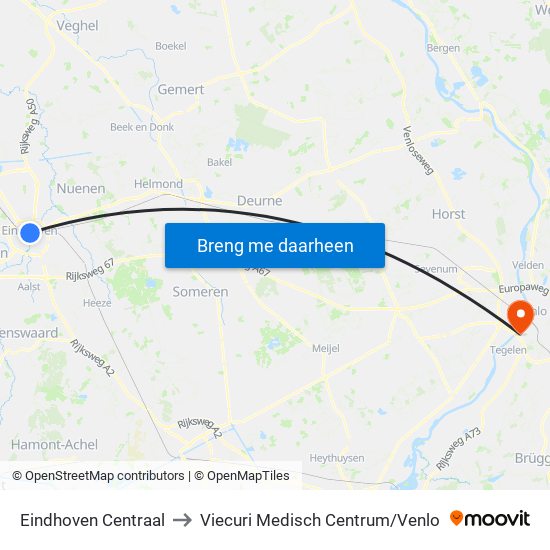 Eindhoven Centraal to Viecuri Medisch Centrum/Venlo map