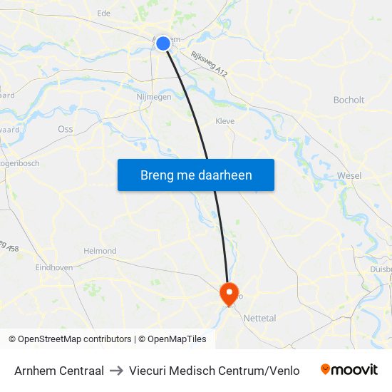Arnhem Centraal to Viecuri Medisch Centrum/Venlo map