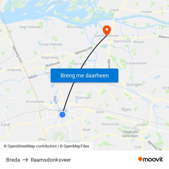 Breda to Raamsdonksveer map