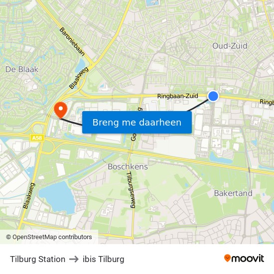 Tilburg Station to ibis Tilburg map