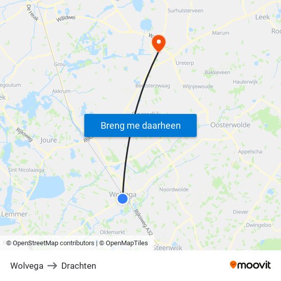 Wolvega to Drachten map