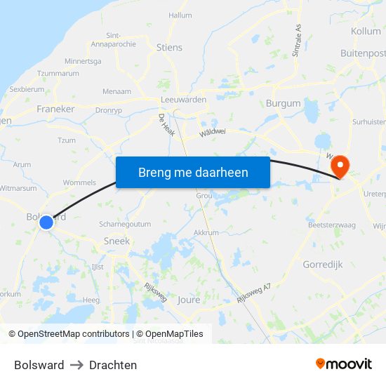 Bolsward to Drachten map