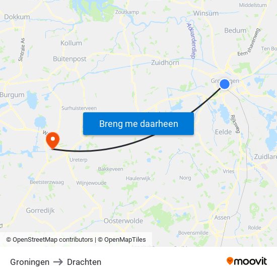 Groningen to Drachten map