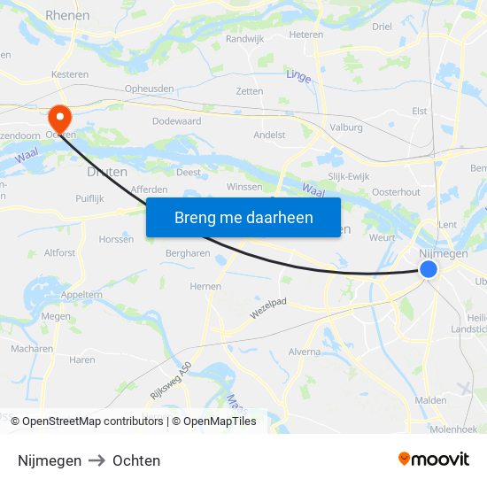 Nijmegen to Ochten map