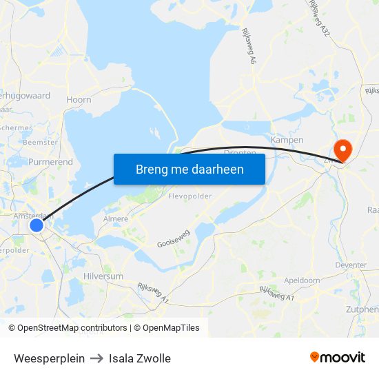 Weesperplein to Isala Zwolle map