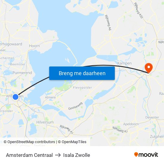 Amsterdam Centraal to Isala Zwolle map