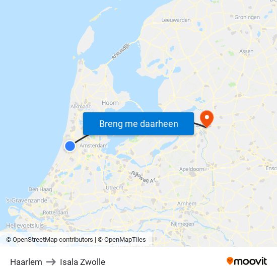 Haarlem to Isala Zwolle map