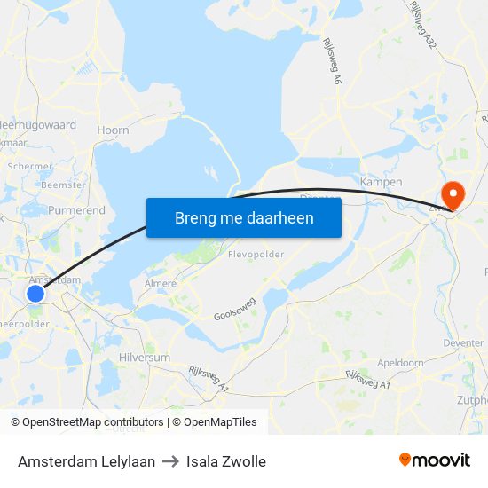 Amsterdam Lelylaan to Isala Zwolle map
