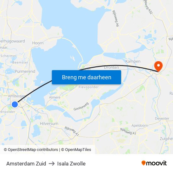 Amsterdam Zuid to Isala Zwolle map