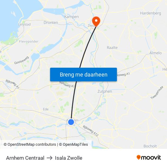 Arnhem Centraal to Isala Zwolle map