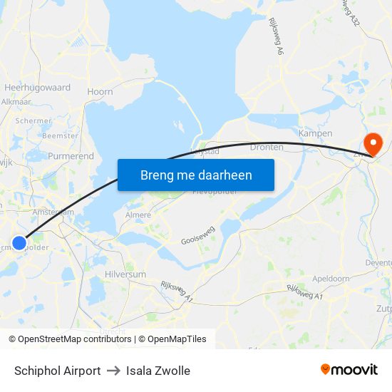Schiphol Airport to Isala Zwolle map