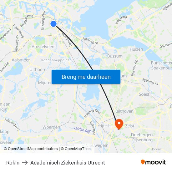 Rokin to Academisch Ziekenhuis Utrecht map