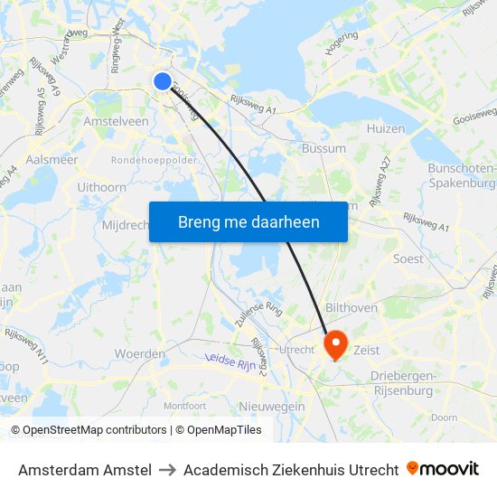Amsterdam Amstel to Academisch Ziekenhuis Utrecht map