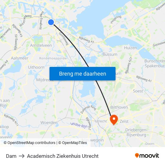 Dam to Academisch Ziekenhuis Utrecht map
