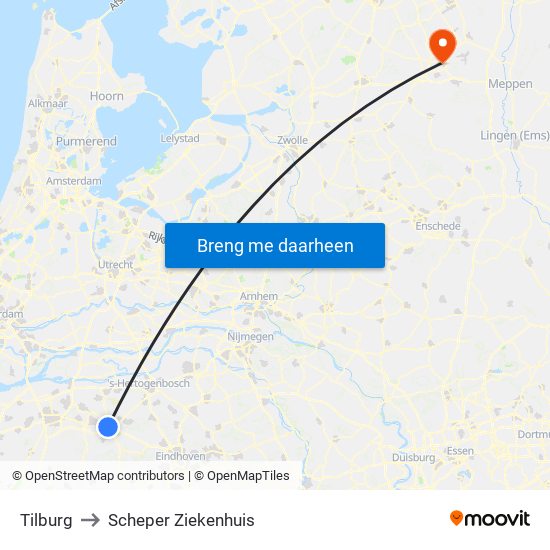 Tilburg to Scheper Ziekenhuis map