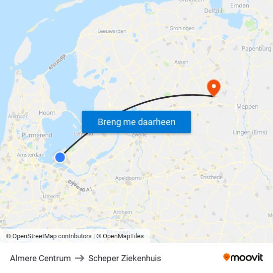 Almere Centrum to Scheper Ziekenhuis map