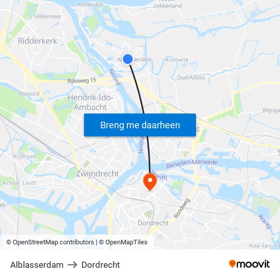 Alblasserdam to Dordrecht map
