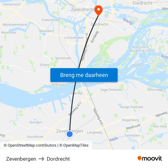 Zevenbergen to Dordrecht map