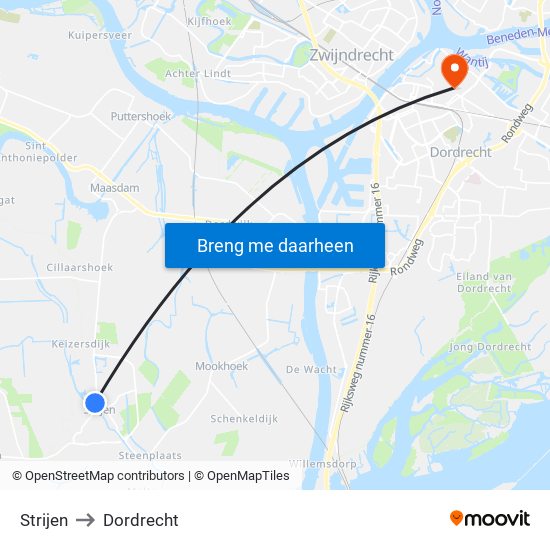 Strijen to Dordrecht map