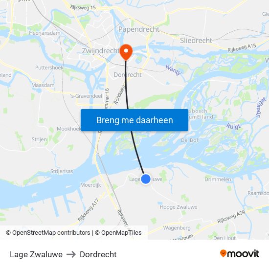 Lage Zwaluwe to Dordrecht map