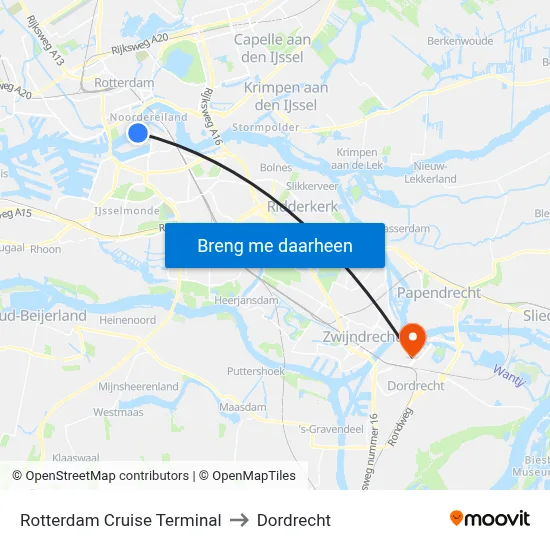 Rotterdam Cruise Terminal to Dordrecht map