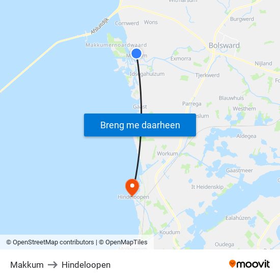 Makkum to Hindeloopen map