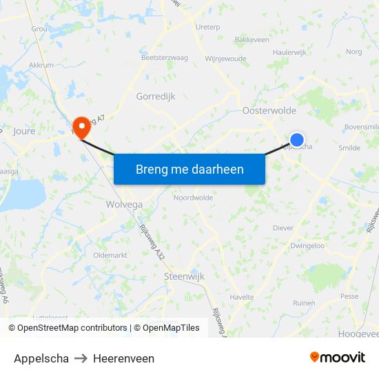 Appelscha to Heerenveen map