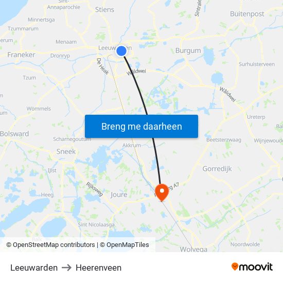 Leeuwarden to Heerenveen map