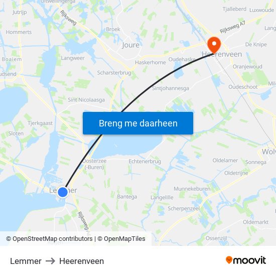 Lemmer to Heerenveen map