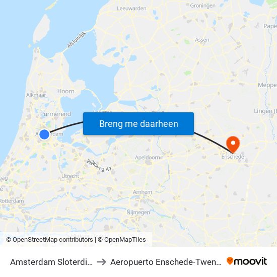 Amsterdam Sloterdijk to Aeropuerto Enschede-Twente map