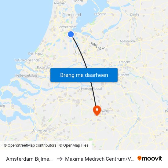 Amsterdam Bijlmer Arena to Maxima Medisch Centrum / Veldhoven map